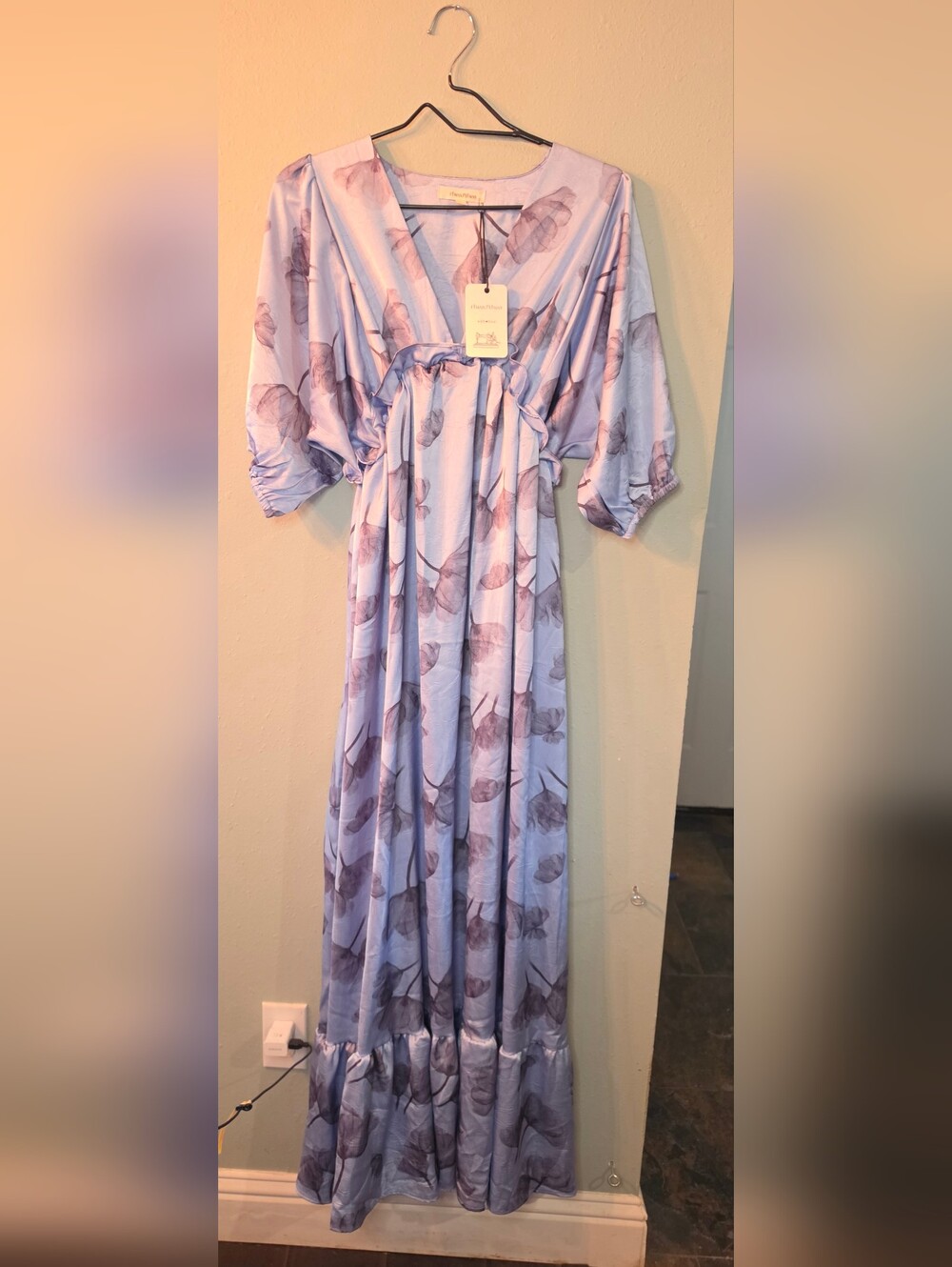 Rhea & Thea NWT Blue Floral Leaf Print Maxi Dress Puff Sleeve Size M